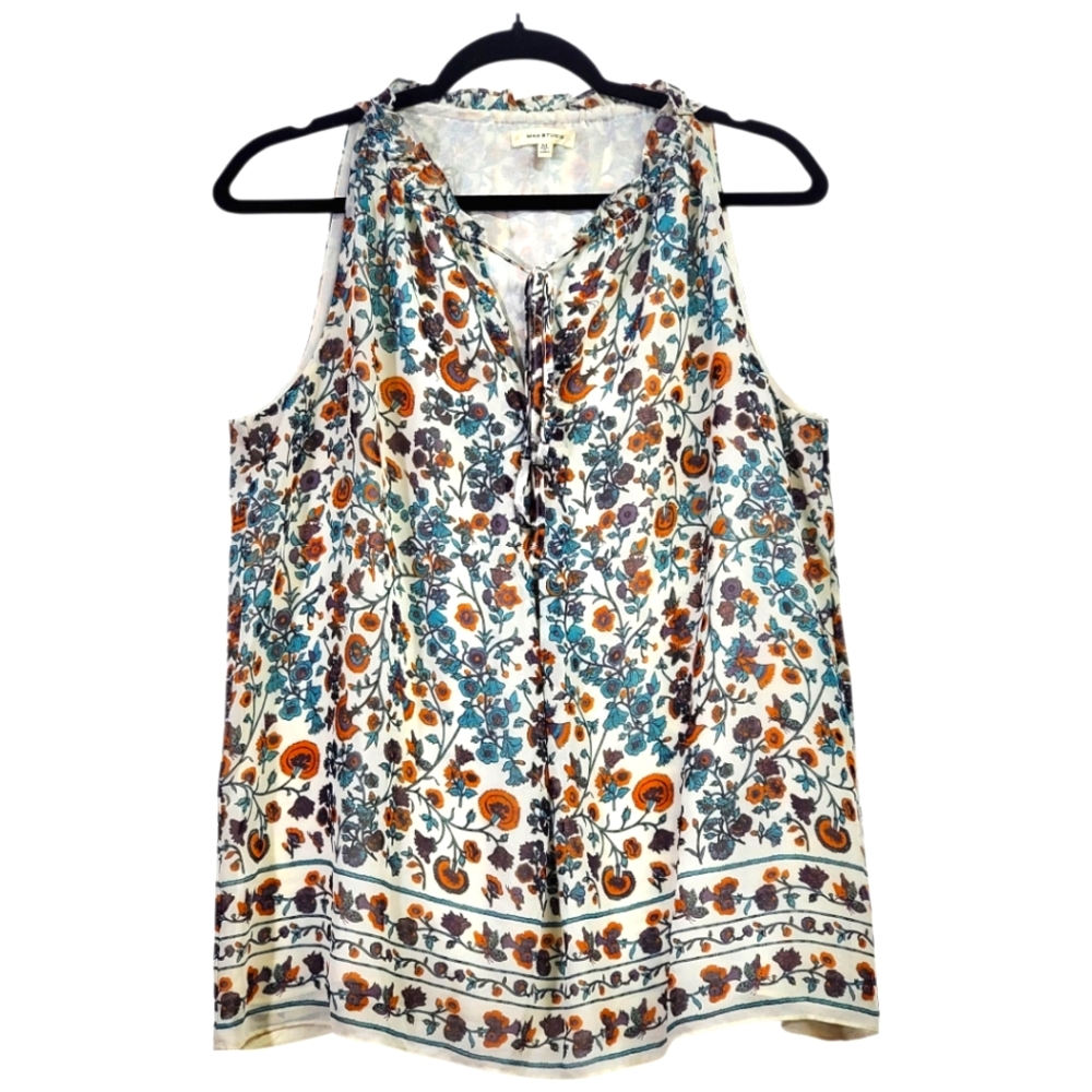 Max Studio - Medium - Floral Sleeveless Top - Multicolor With Tie Front